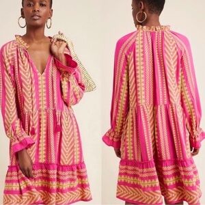 ANTHROPOLOGIE x MAEVE Dominique Pink & Yellow Embroidered Tunic Dress Size Large
